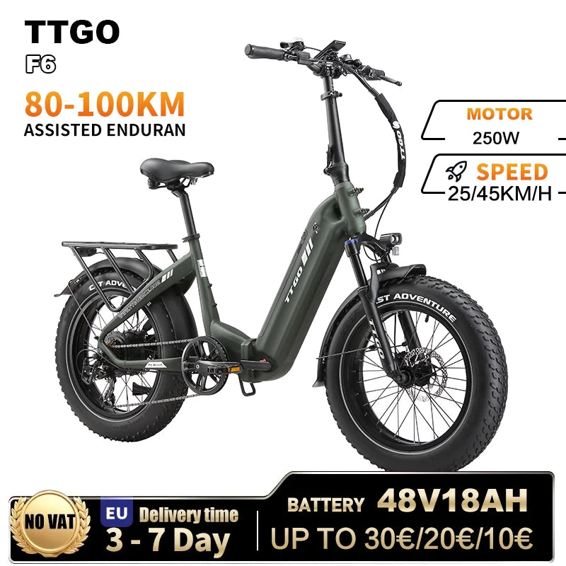 Bicicleta eléctrica de montaña Ttgo F6 Boost de 20" Fat Fire, 250W 48V 18Ah, doble sensor, freno hidráulico, 7 velocidades, larga autonomía de 150 km