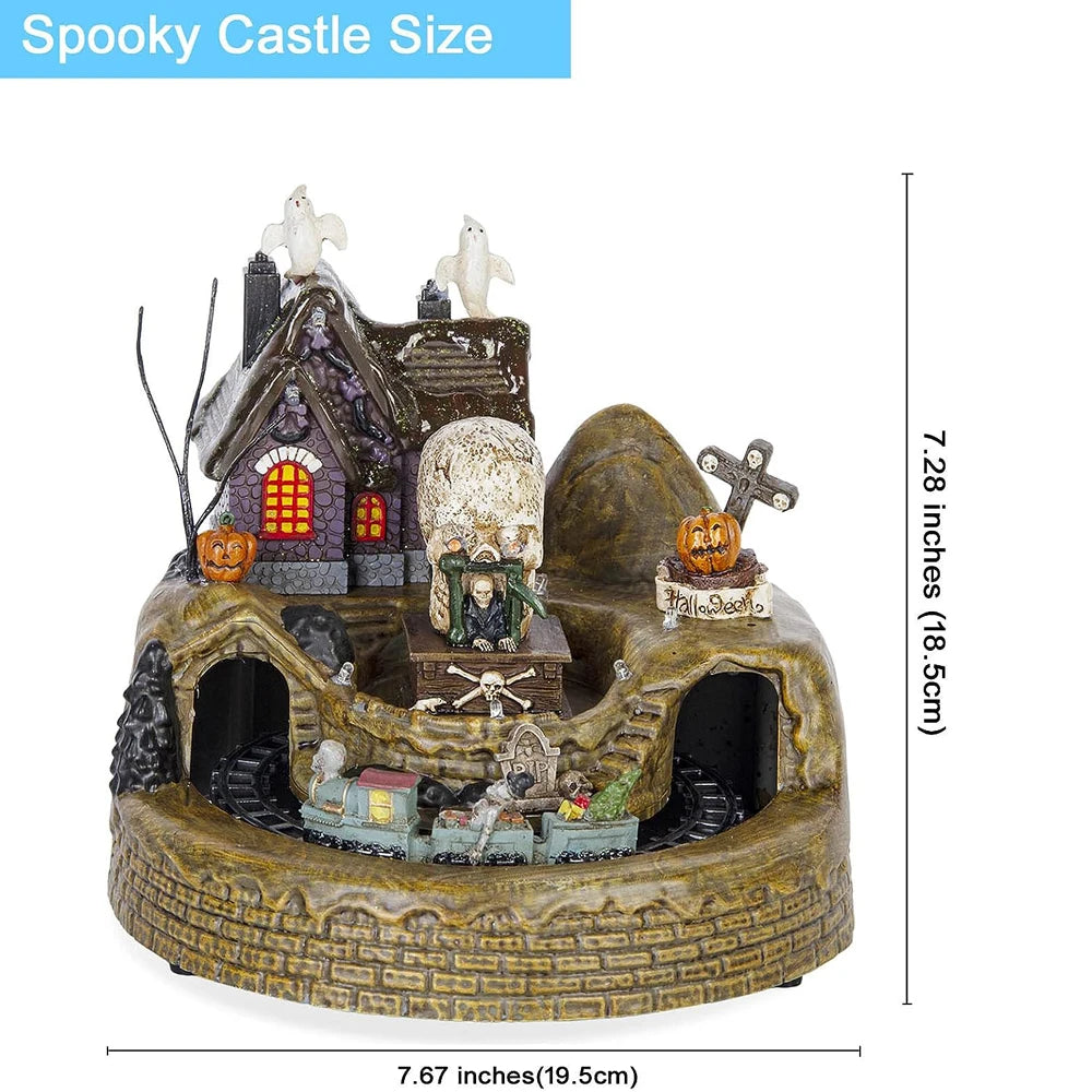 Decoración de tren de pueblo de vacaciones de Halloween con luces LED, figuras de fantasmas y esqueleto espeluznantes musicales, decoración festiva de casa embrujada