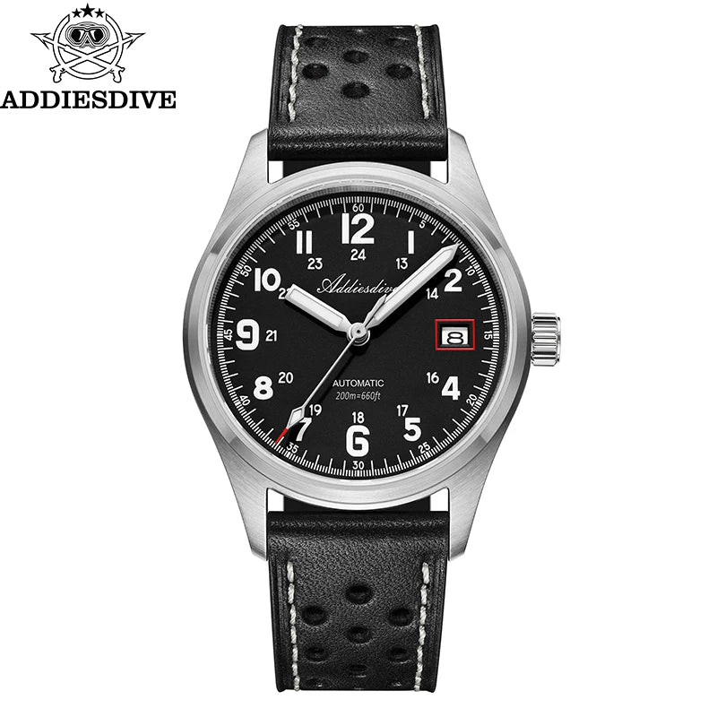 Reloj automático para hombre ADDIESDIVE NH35, reloj de lujo con cristal de zafiro, correa de cuero o acero inoxidable, luminiscencia BGW9 y resistencia al agua de 200 m
