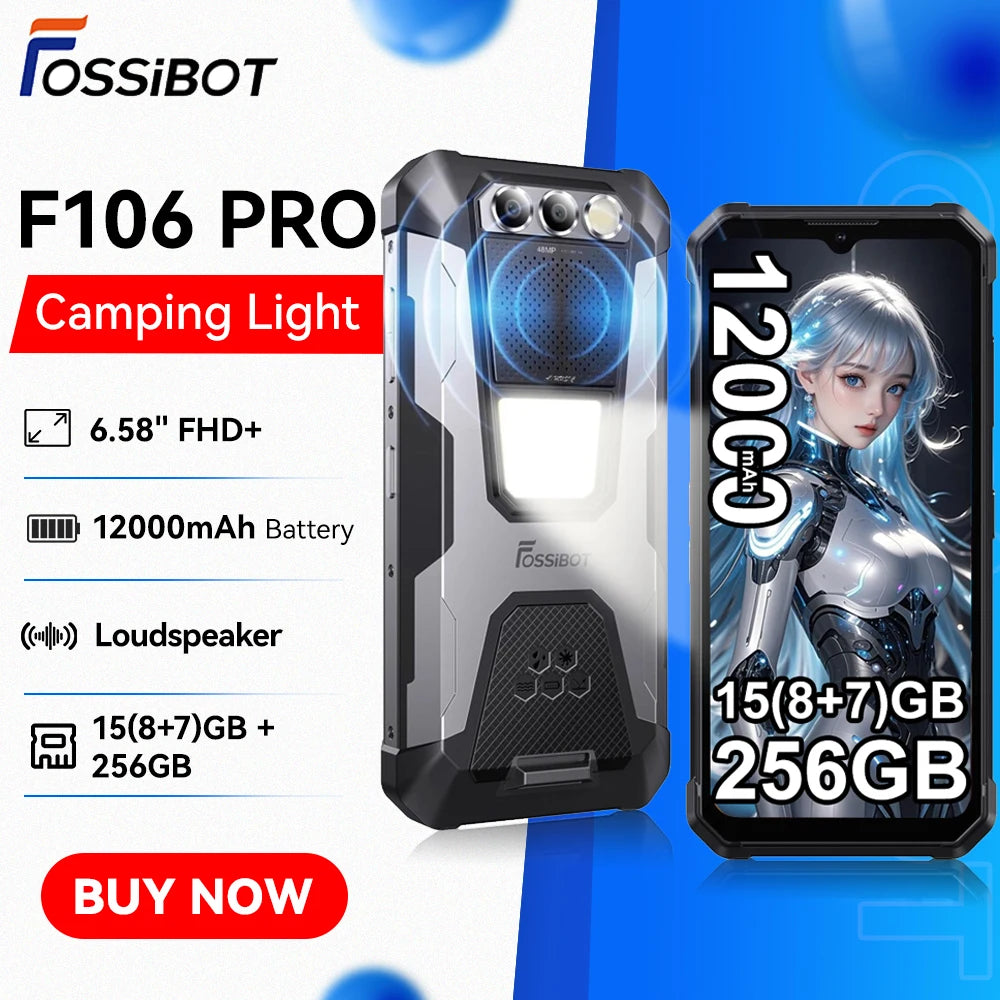 Smartphone ultrarresistente FOSSiBOT F106 Pro, 8 GB de RAM, 256 GB de ROM, 12000 mAh, pantalla de 6,58”, Android 14, altavoz potente, luz de camping, teléfono móvil