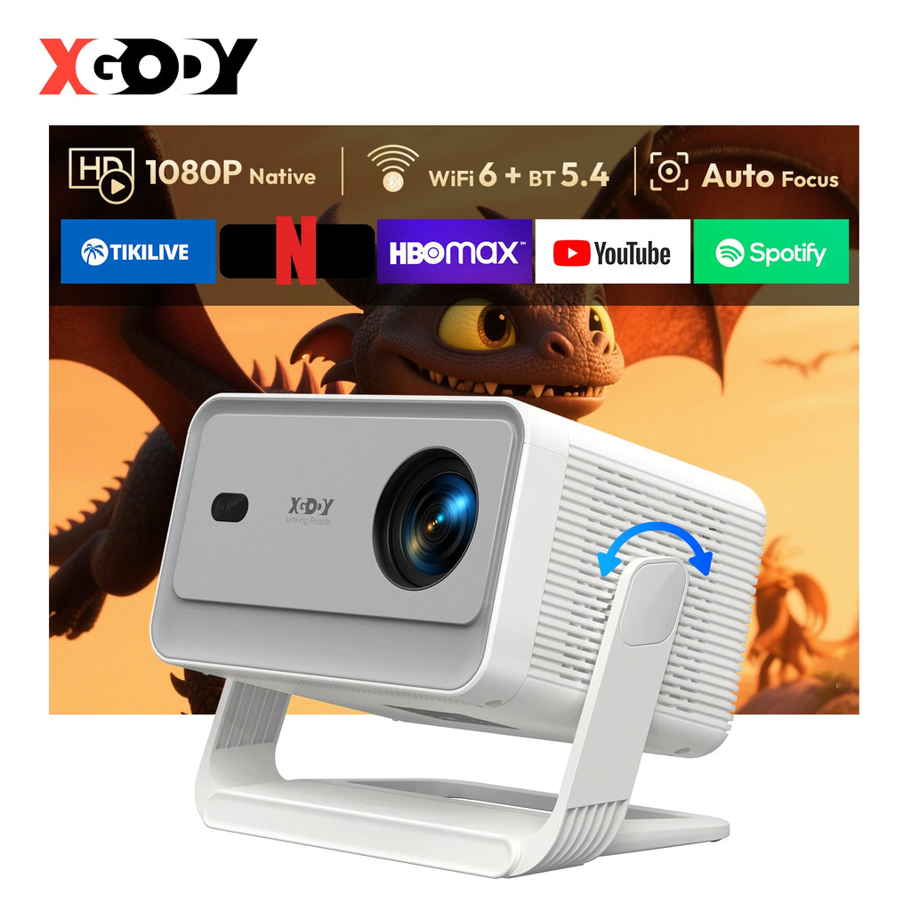 Proyector XGODY blanco con lente azul frontal y soporte abatible