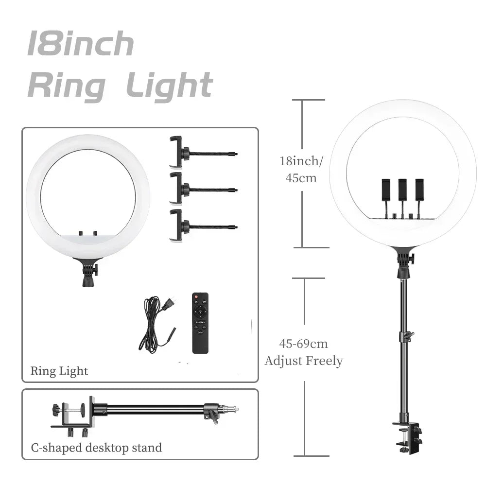Aro de Luz LED de 45CM / 18 Pulgadas con Diferentes Estilos de Trípode o Soporte o Sin Soporte, Aro de Luz LED Grande de 18 Pulgadas con Control Remoto, Trípode, Soporte para Teléfono, Iluminación para Transmisiones en Vi