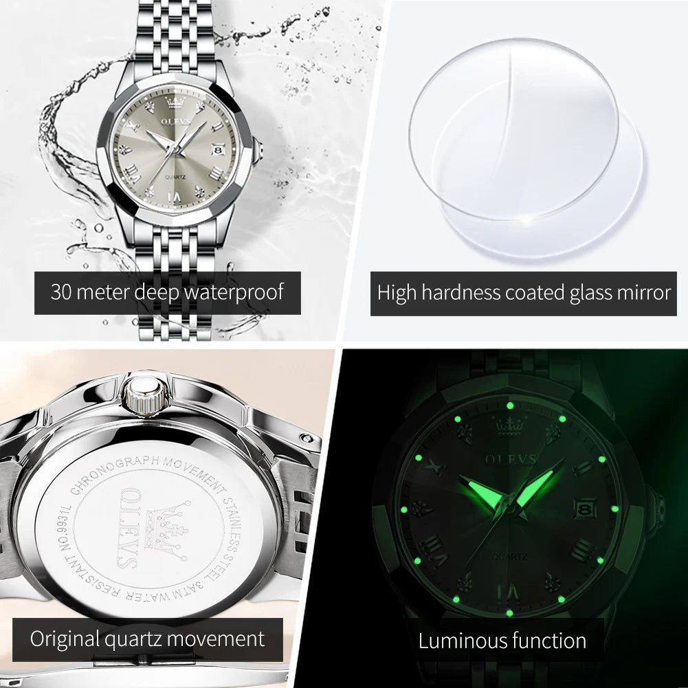 Reloj OLEVS 9931 para mujer, moda elegante, marca de lujo, reloj de cuarzo original para dama, resistente al agua, acero inoxidable, luminoso con fecha