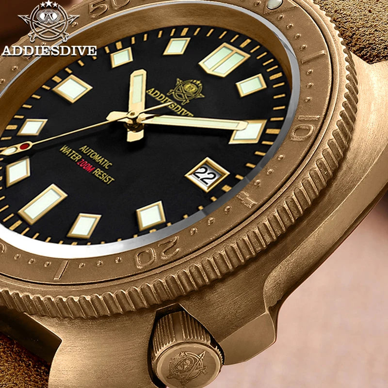Reloj de buceo automático para hombre ADDIESDIVE CUSN8 de bronce, con calendario, cristal de zafiro, manecillas luminosas, resistente al agua 20 bares y mecanismo automático