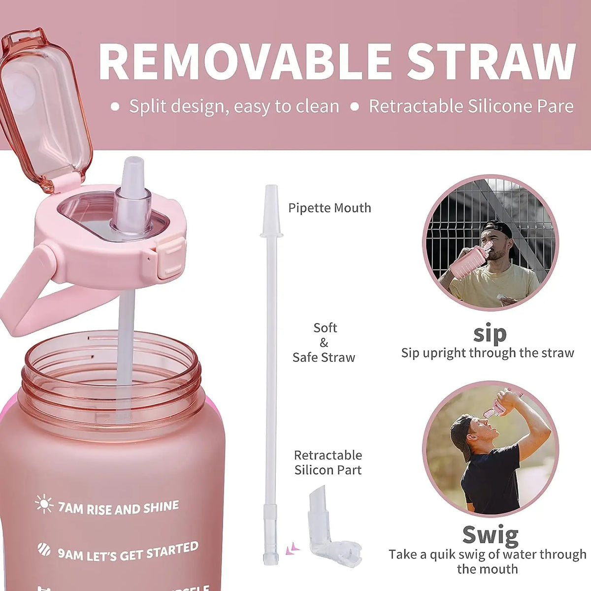 Botella de agua de 2L con pajita, botella de agua deportiva de gran capacidad, botellas para beber portátiles deportivas para viajes y Fitness con marcador de tiempo