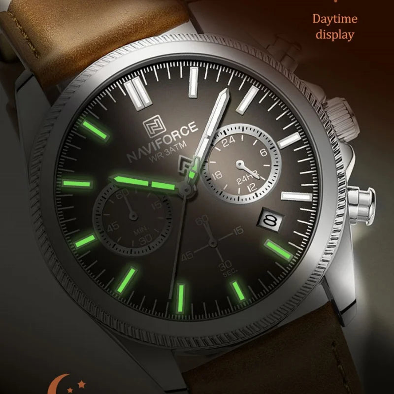 Reloj de cuarzo para hombre NAVIFORCE de marca líder, cronógrafo, indicador de fecha, resistente al agua, luminoso, correa de cuero auténtico, estilo casual de negocios, regalo para hombre