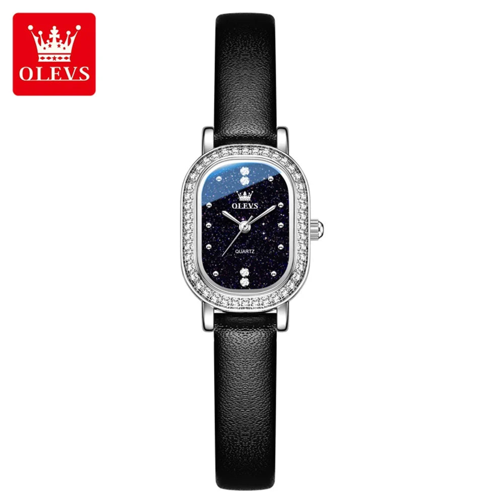 Reloj de pulsera para mujer OLEVS de lujo, diseño ovalado con bisel de cristal, cuarzo delgado, correa de piel y acero, elegante reloj multicolor 5697