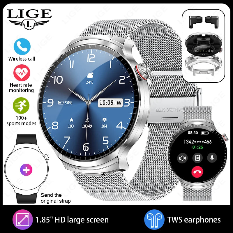 LIGE TWS Smart Watch with Earbuds 1.85" IPS Screen BT Call Heart Rate Sleep Monitor Waterproof Sports Smartwatch for Android iOS