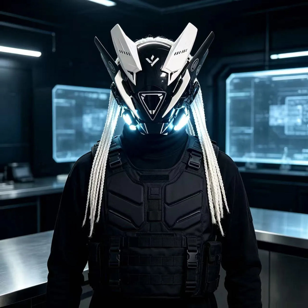Cyberpunk máscara futurista Techwear, decoración de casco de Cosplay de Halloween con trenza ligera y sucia, Caballero de estilo guerrero japonés Sty