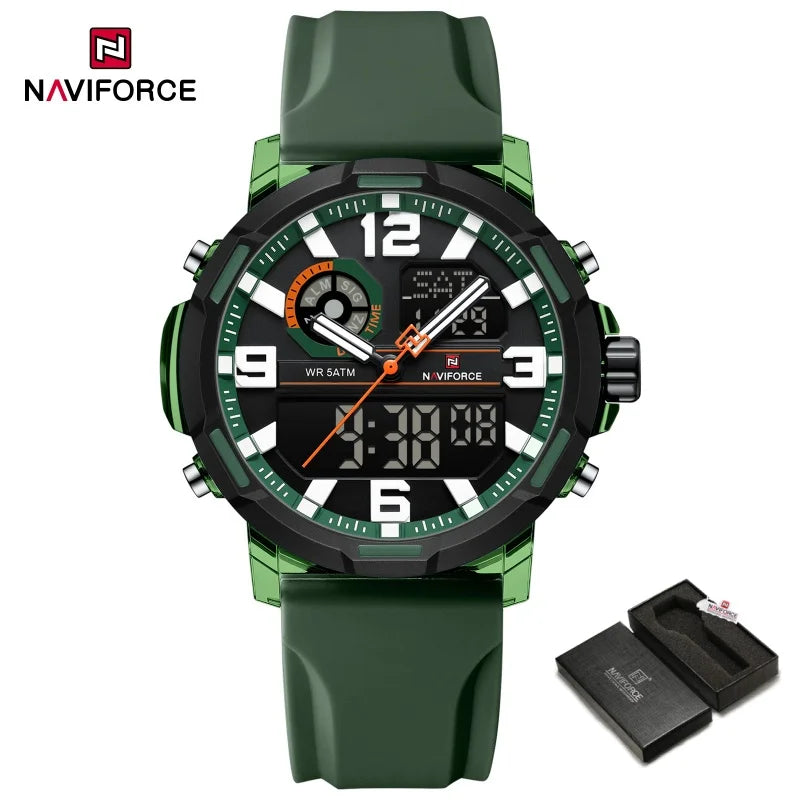 Reloj deportivo para hombre NAVIFORCE, doble hora, resistente al agua 5ATM, esfera grande, reloj de pulsera analógico-digital con cronómetro, alarma y correa de silicona