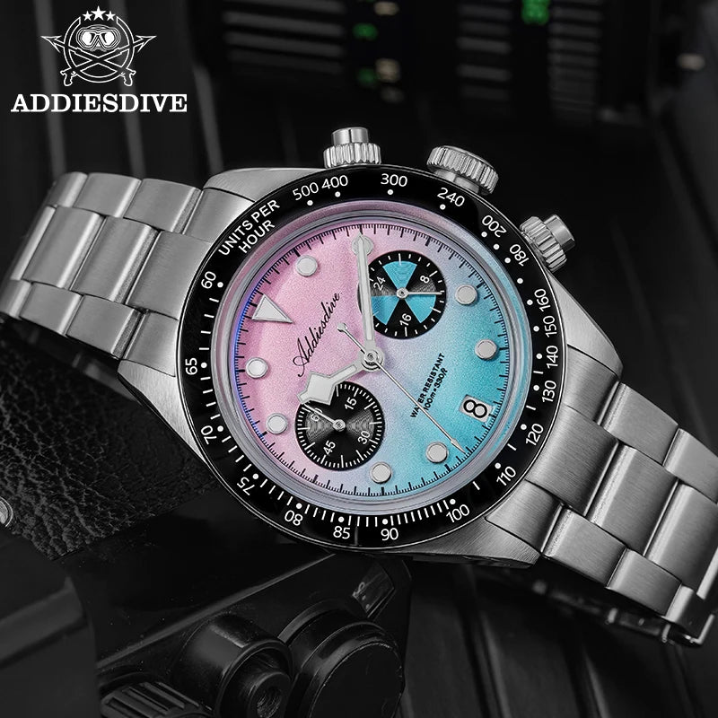 ADDIESDIVE AD2559 Male VK64 Quartz Watch Bubble Mirror Stainless Steel BGW9 Luminous 100m Waterproof Stainless Steel Men Watches