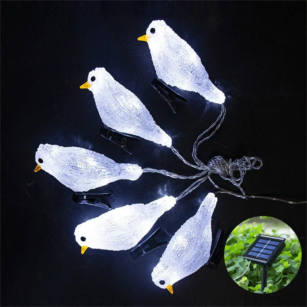 Guirnalda de luces acrílicas impermeables con forma de pájaro, 5 LED, alimentación por USB, batería o energía solar, lámpara de hadas para jardín, paisajismo, decoración de árboles, farol