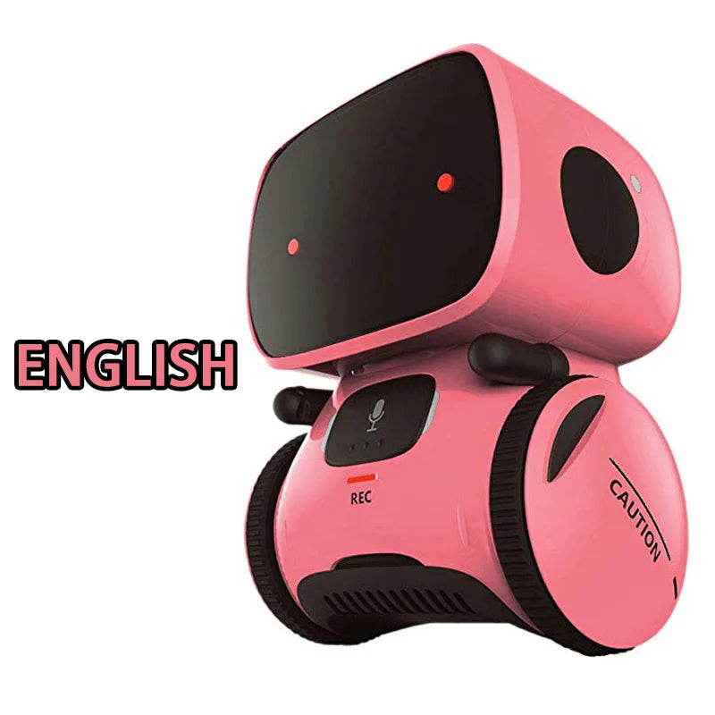 Robot educativo rosa con pantalla oscura y forma compacta con ruedas negras