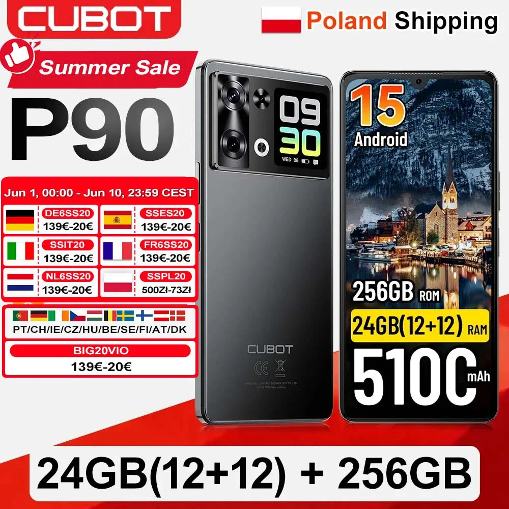 [Envío desde Polonia] Cubot P90 Smartphone Android 15 24(12+12)GB + 256GB 6.88" 120Hz 64MP 5100mAh Teléfono móvil NFC Huella dactilar