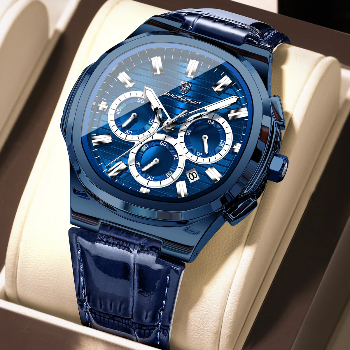 Reloj de pulsera para hombre POEDAGAR, original, de cuero, resistente al agua, luminoso, a la moda, con fecha, cronógrafo, de cuarzo, deportivo.