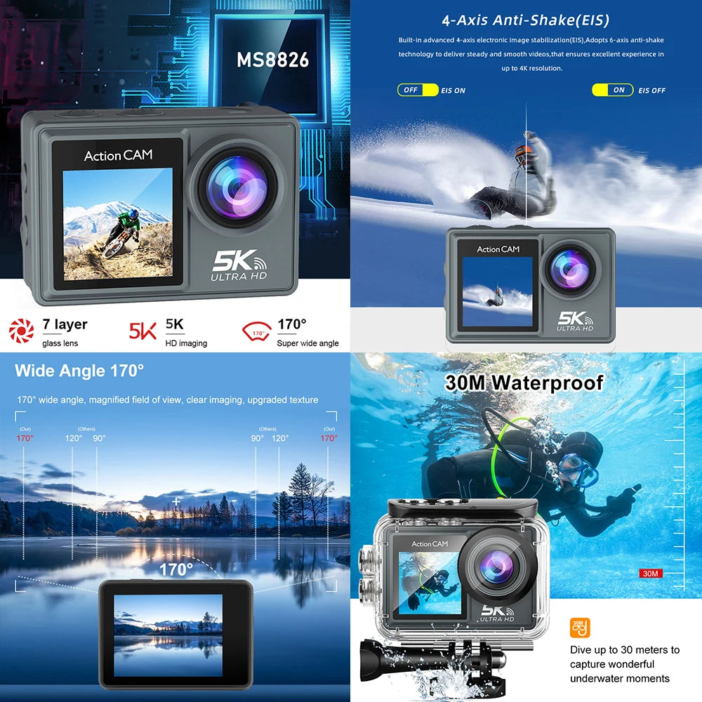 Cámara de acción 5K 4K Ultra HD con doble pantalla, estabilización electrónica de imagen (EIS) y función antivibración, ideal para deportes, 170. °   Cámara de gran angular con WiFi y control remoto, 50MP, para fotogr