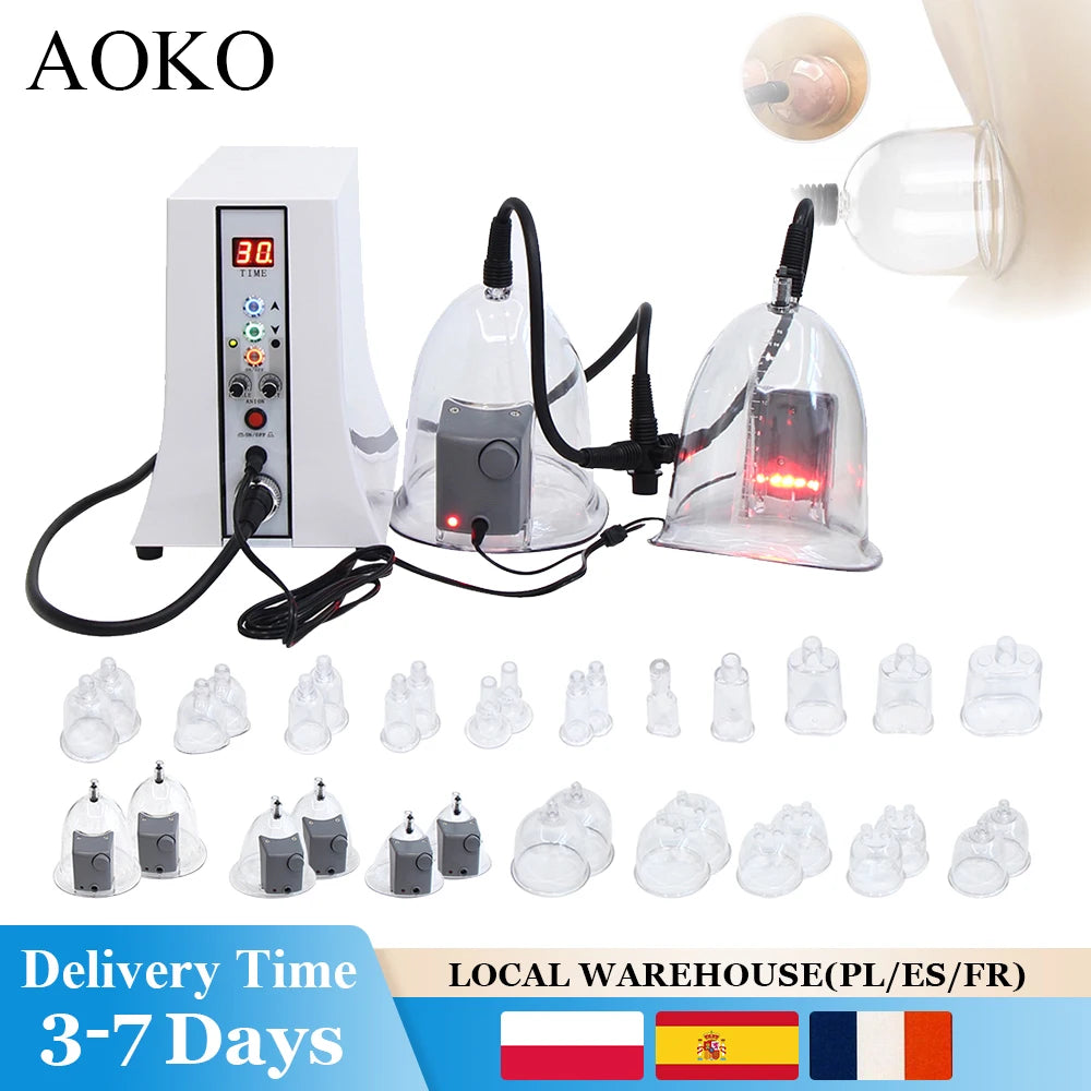 Máquina de terapia de vacío AOKO de 35 copas para aumento de senos, adelgazamiento, modelado corporal, realzador de caderas, masajeador de ventosas, levantamiento de glúteos, cuidado facial, uso en spa en casa.