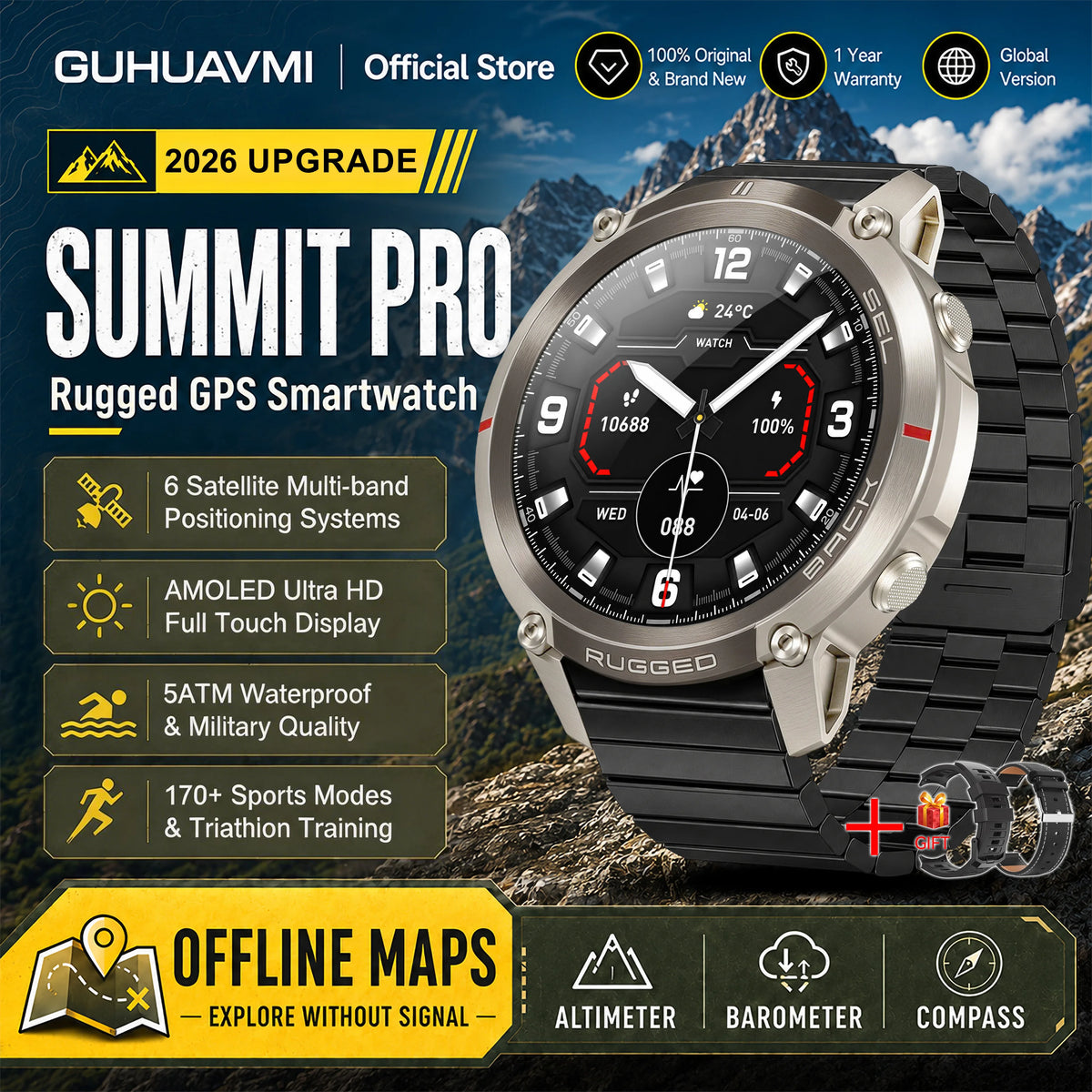 Reloj inteligente militar 2026, mapa sin conexión, GPS, pantalla AMOLED de 1.43'', llamadas Bluetooth, brújula, sumergible 5ATM, más de 170 modos deportivos