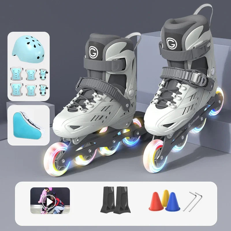 Patines en línea con casco, protectores de codo y rodilla, bolsa para zapatos, juego de 4 ruedas con luces, zapatillas para niños y niñas, patines ajustables.
