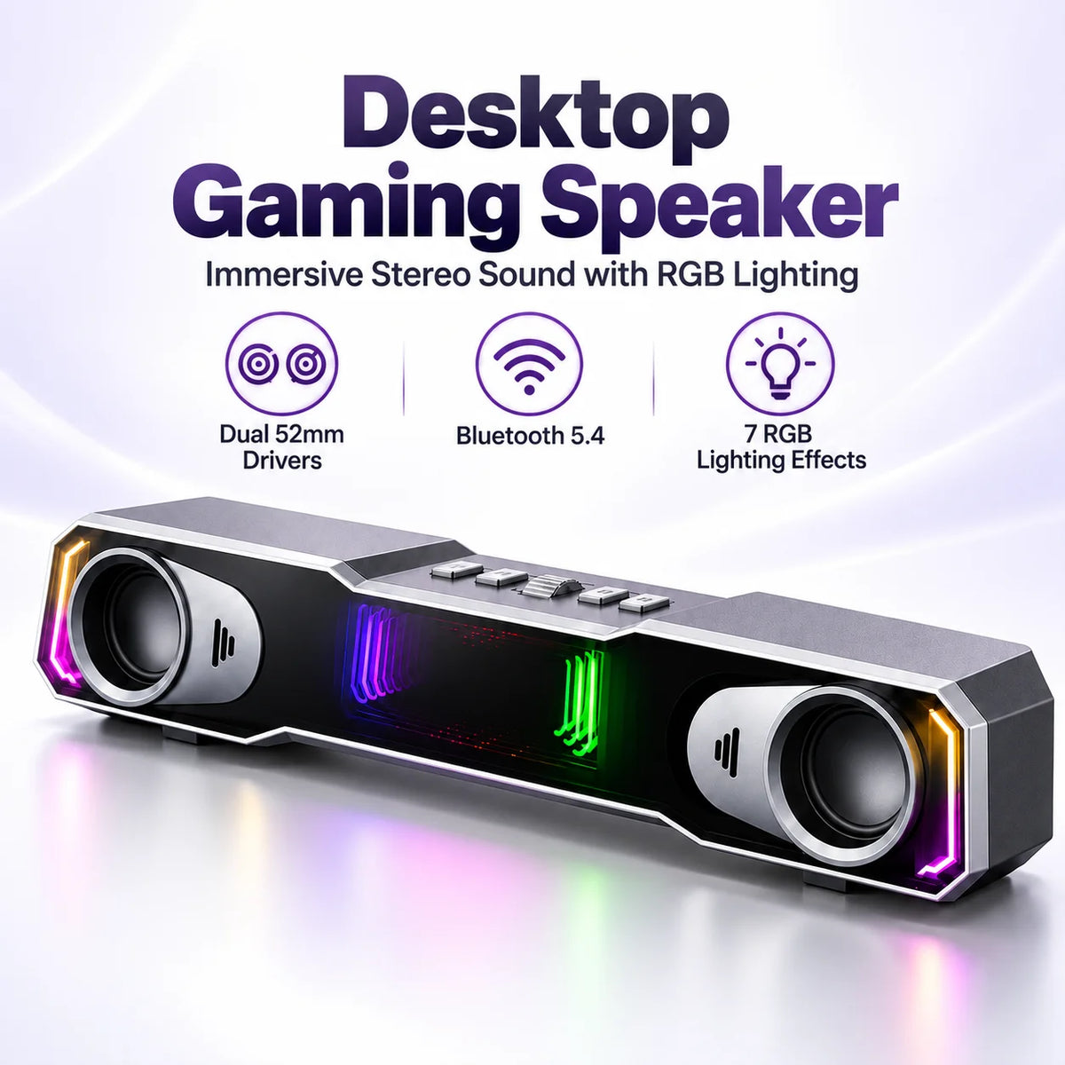 Barra de sonido para juegos de escritorio DS21, altavoz estéreo RGB para PC con modos de conexión por cable USB C y USB A, y Bluetooth 5.4 para teléfonos, portátiles, ordenadores y televisores.