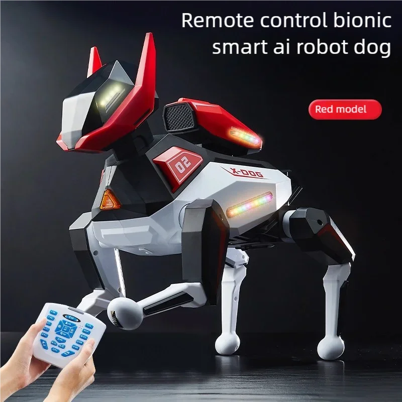 Perro robot biónico rojo y blanco, con control remoto y luces en el lomo