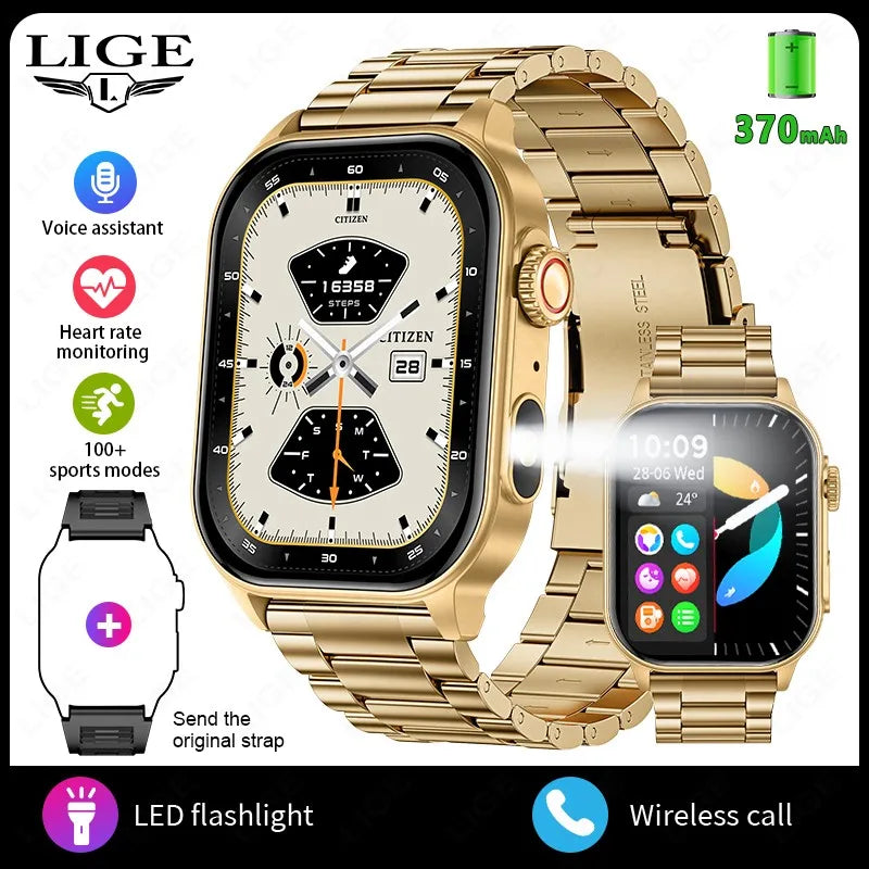 LIGE 2026 New Women Smart Watch Flashlight 2.01” HD Display AI Voice Bluetooth Call Sports Watches Health Monitor Smartwatch Men