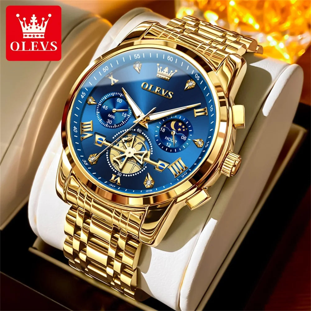 Relojes de cuarzo OLEVS 2856 para hombre, diseño de volante de moda, cronógrafo, resistente al agua, luminoso, calendario, fase lunar, relojes de pulsera para hombre
