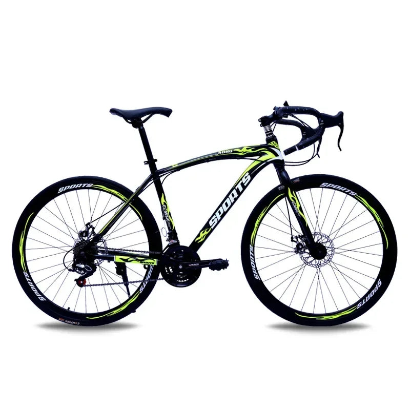Bicicleta de carreras de 26 pulgadas con cuadro de acero al carbono, 21 velocidades, manubrio curvo, doble freno de disco y rines de 60 mm para adultos