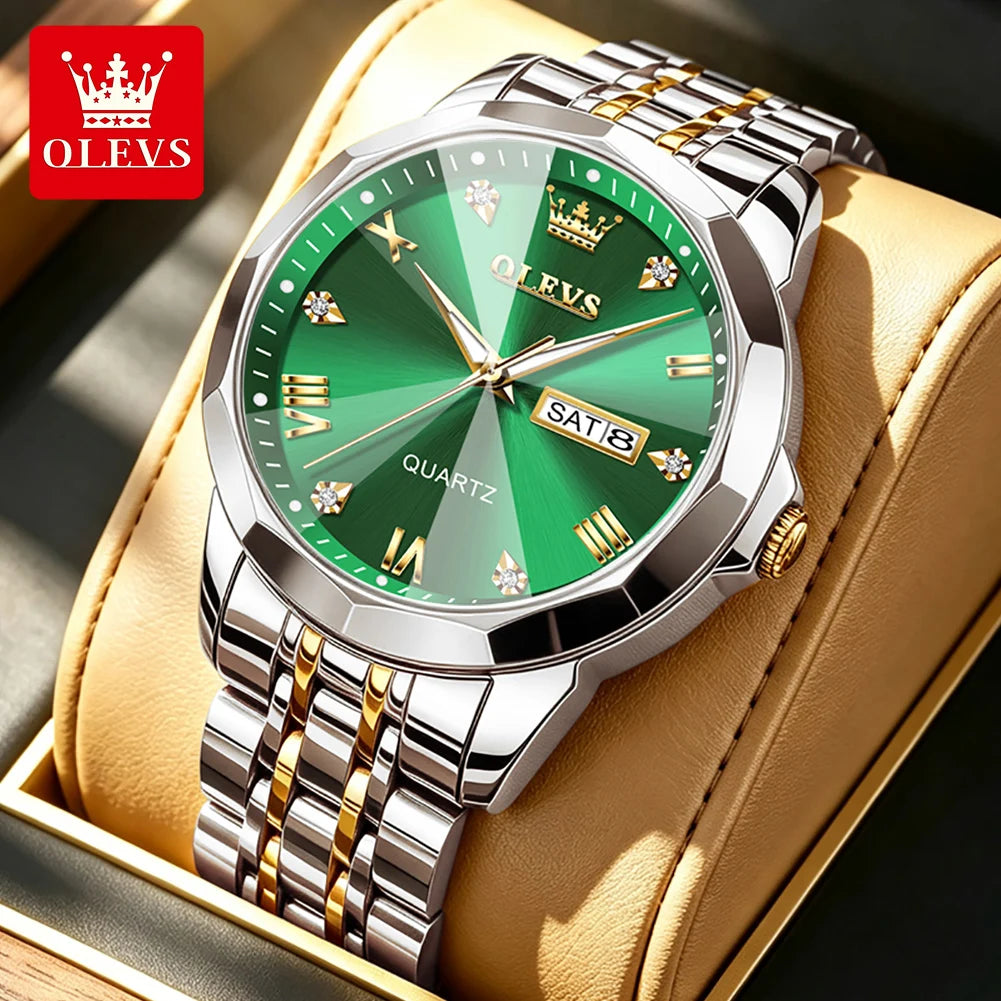 Reloj OLEVS 9931 de gran venta para hombre, moda, espejo de rombo, correa de acero sólido, fecha, resistente al agua, luminoso, reloj de cuarzo original para hombre