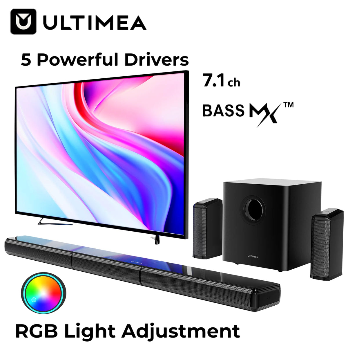 ULTIMEA Apollo S70 Ultra Barra de Sonido Virtual 7.1ch para Smart TV con 2 Altavoces Envolventes, RGB, Subwoofer de 6.5", Potencia Pico 410W, Sistema de Cine en Casa, App, HDMI/ÓPTICO/AUX/BT