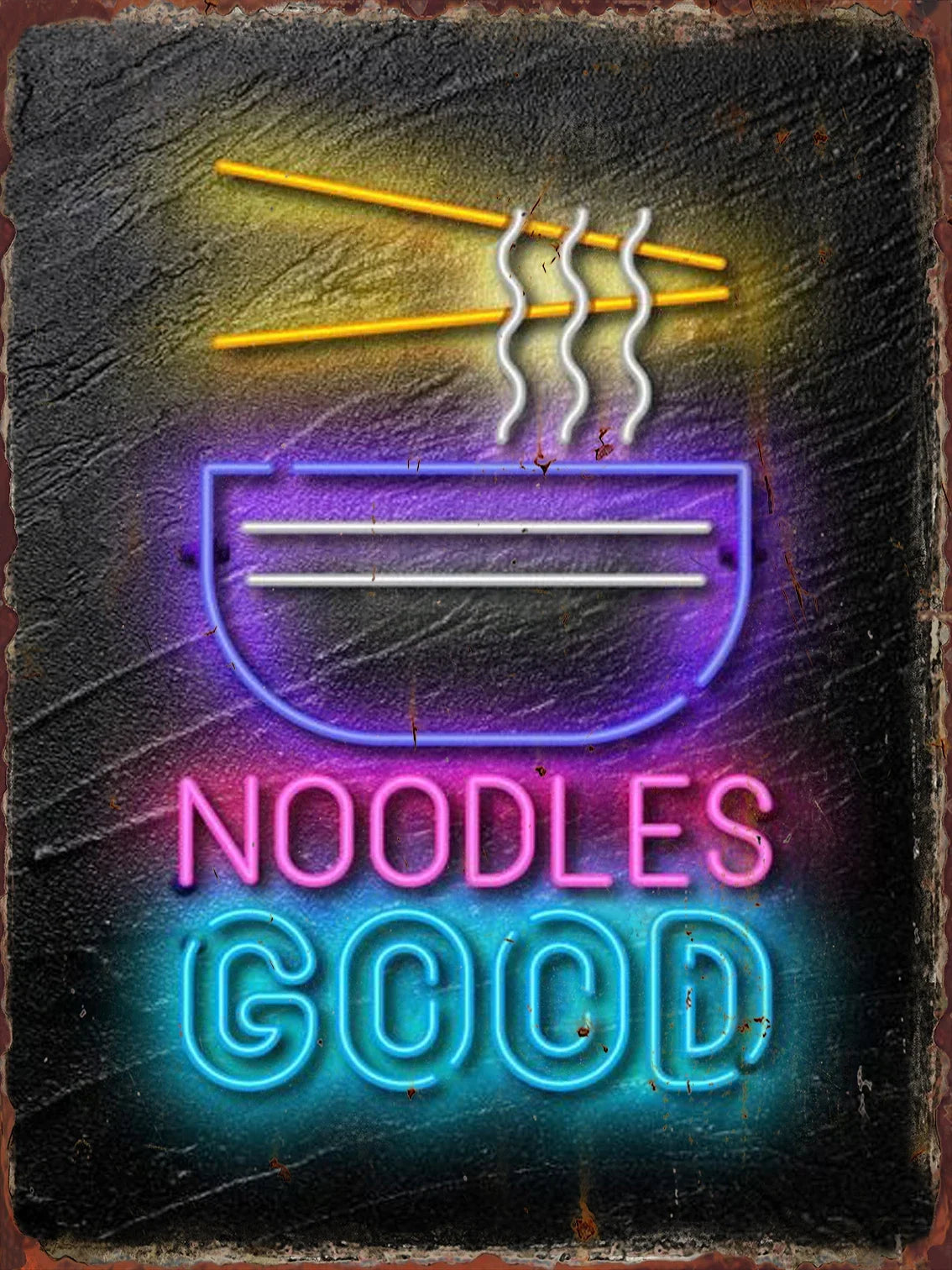 Letrero metálico de lata con neón de Noodles Good en fideos y texto color rosa y azul