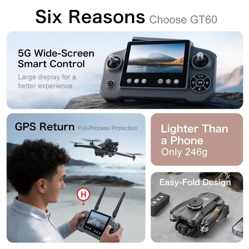 GT60 Dron GPS Profesional 4K con Pantalla de 4.5 Pulgadas WiFi FPV Fotografía Aérea Evitación de Obstáculos 360° Cuadricóptero Juguetes de Lanzamiento Aéreo