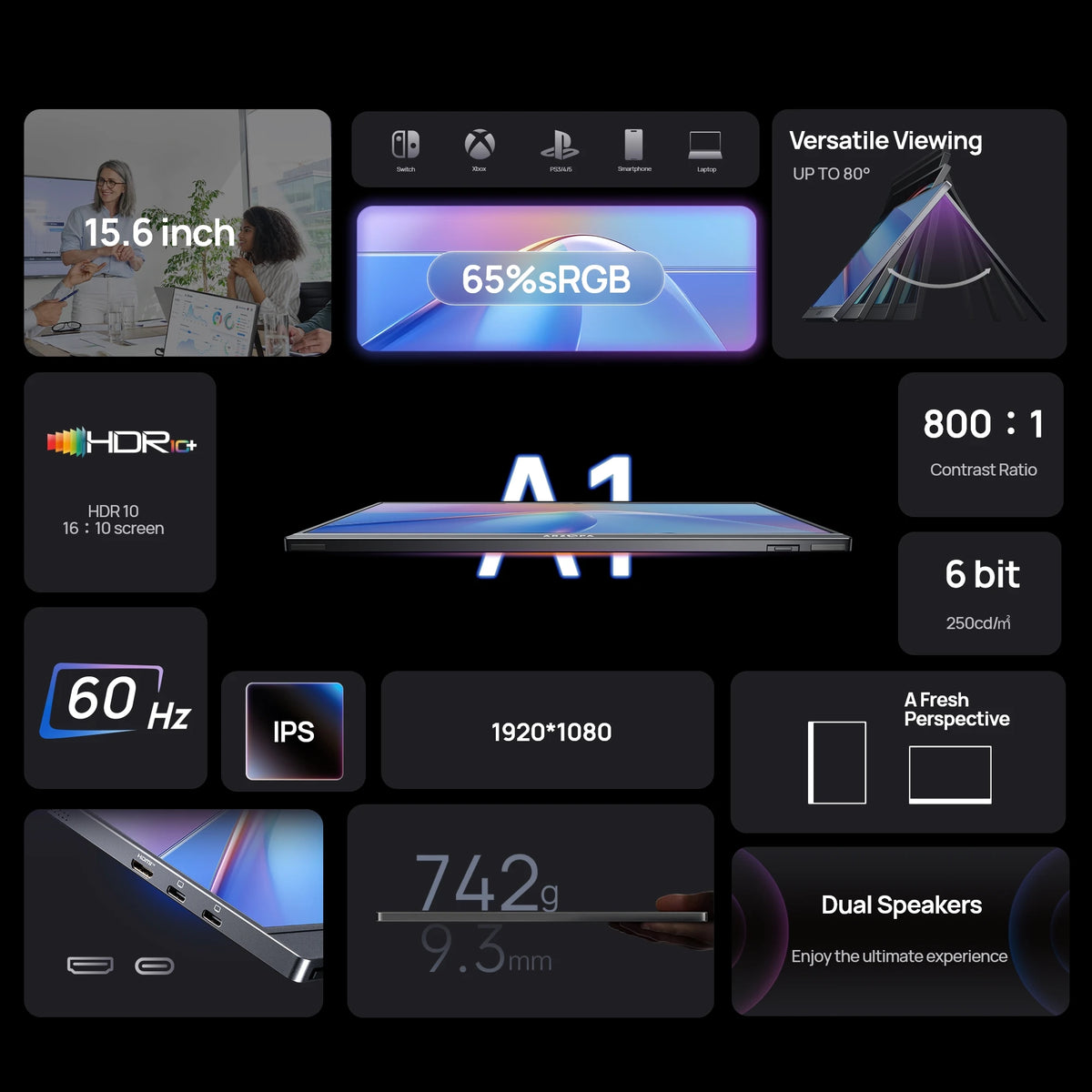 [GRIS}ARZOPA 15,6/16,1 pulgadas 144/60HZ Mini segunda pantalla de juegos Monitor portátil pantalla externa para MAC/portátil/PC/Xbox/PS/Switch