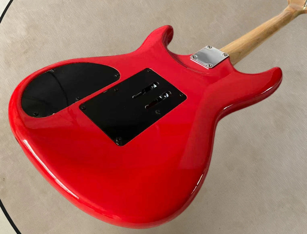 Guitarra eléctrica Joe de 6 cuerdas, color rojo brillante, muy popular, con puente FR Tremolo y conector de entrada (y conector de salida) en la parte inferior del cuerpo.