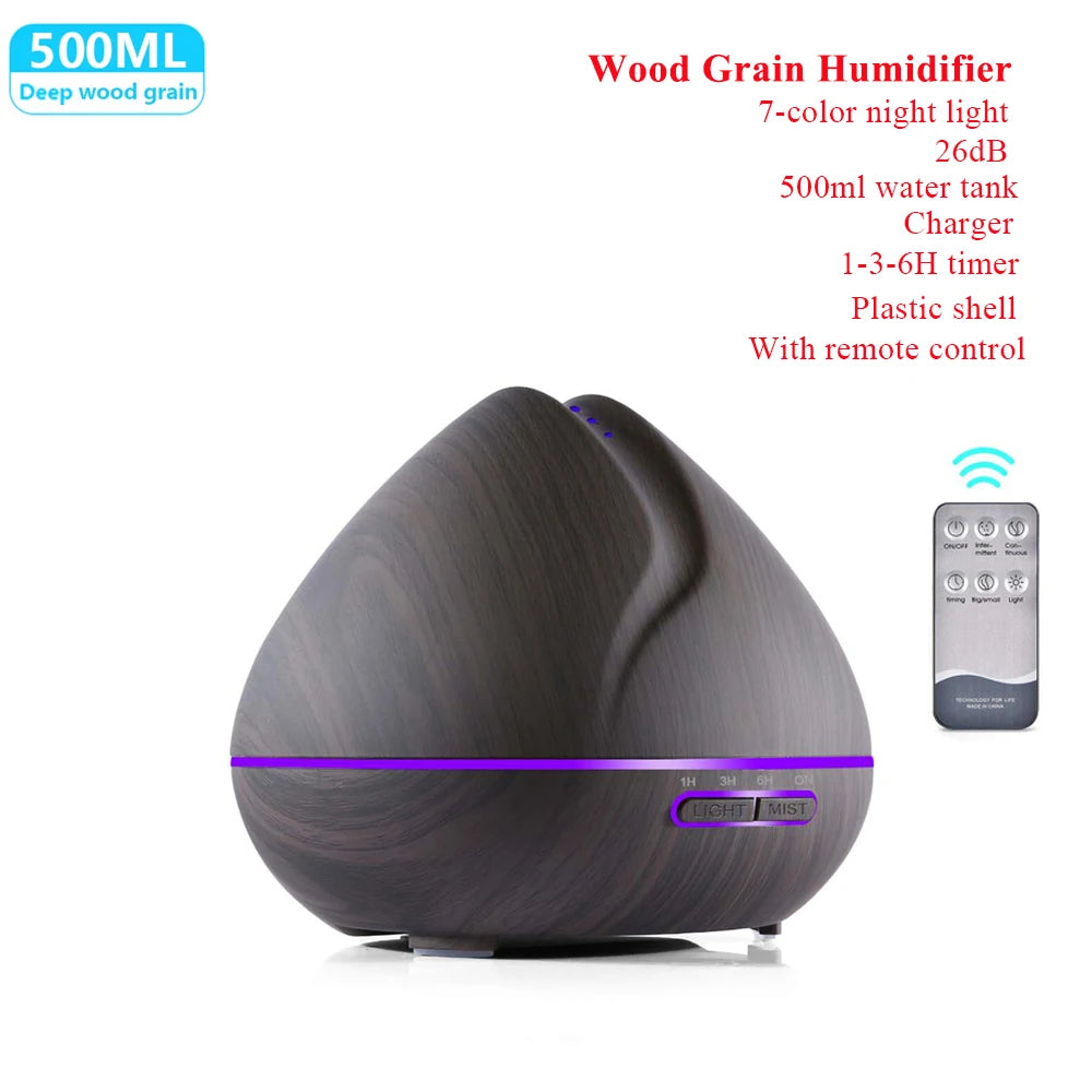 Humidificador de aceite esencial con Control remoto, difusor de Aroma ultrasónico con LED de 7 colores, 300ml, 500ml, para el hogar