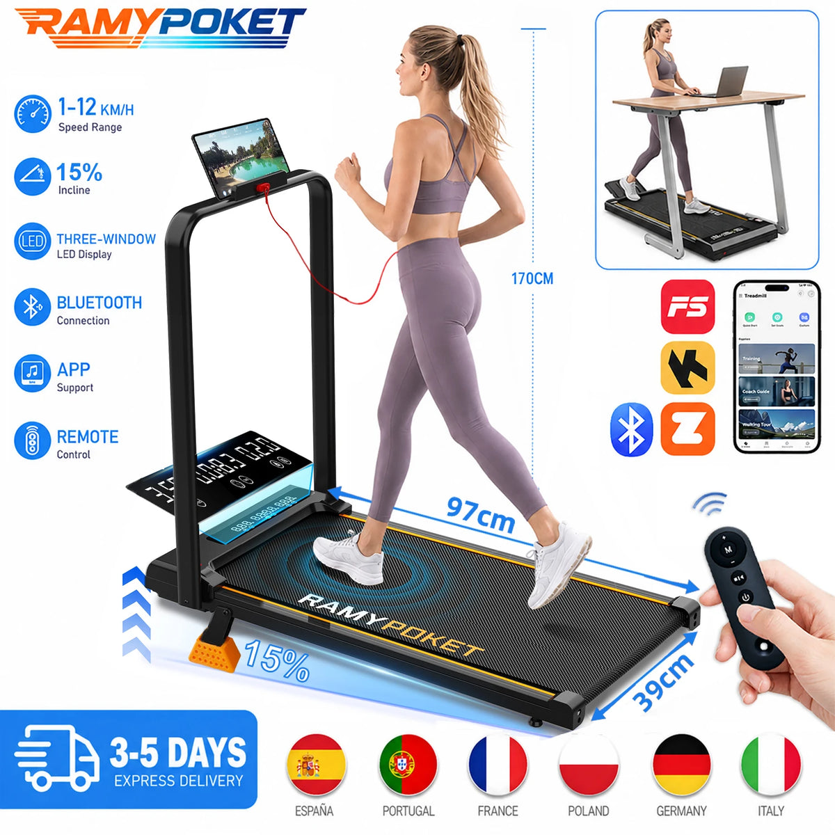 RAMYPOKET Cinta de Correr Plegable Para Oficina con Inclinacion 15%, 1-12KM/H,3.0HP, Control Mediante Aplicacion y Pantalla LED de Tres ventanas, 150KG.Caminadora Electrica Para Casa, Apto Para Personas de 170 cm