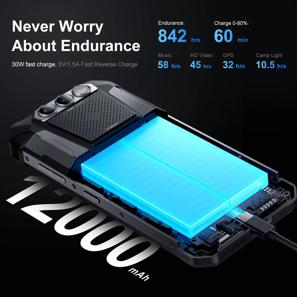 Smartphone ultrarresistente FOSSiBOT F106 Pro, 8 GB de RAM, 256 GB de ROM, 12000 mAh, pantalla de 6,58”, Android 14, altavoz potente, luz de camping, teléfono móvil