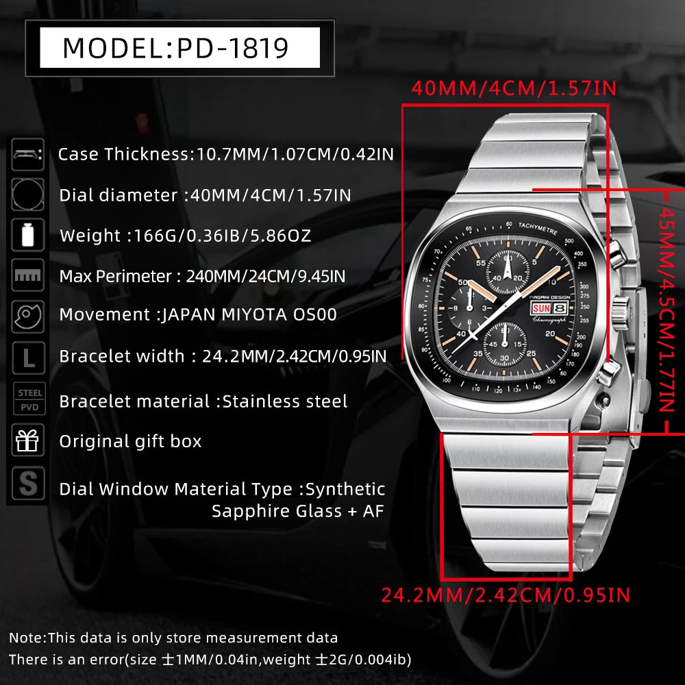 Reloj cronógrafo cuadrado para hombre PAGANI DESIGN con movimiento japonés Miyota OS000, cristal de zafiro, resistente al agua y correa de acero inoxidable, reloj deportivo de pulsera
