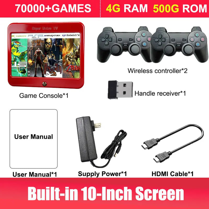Consola de Juegos Retro T1, Pantalla HD de 10'', Más de 70,000 Juegos, Más de 60 Emuladores, 500GB/1TB/2TB, Plug & Play, 4G/8G RAM