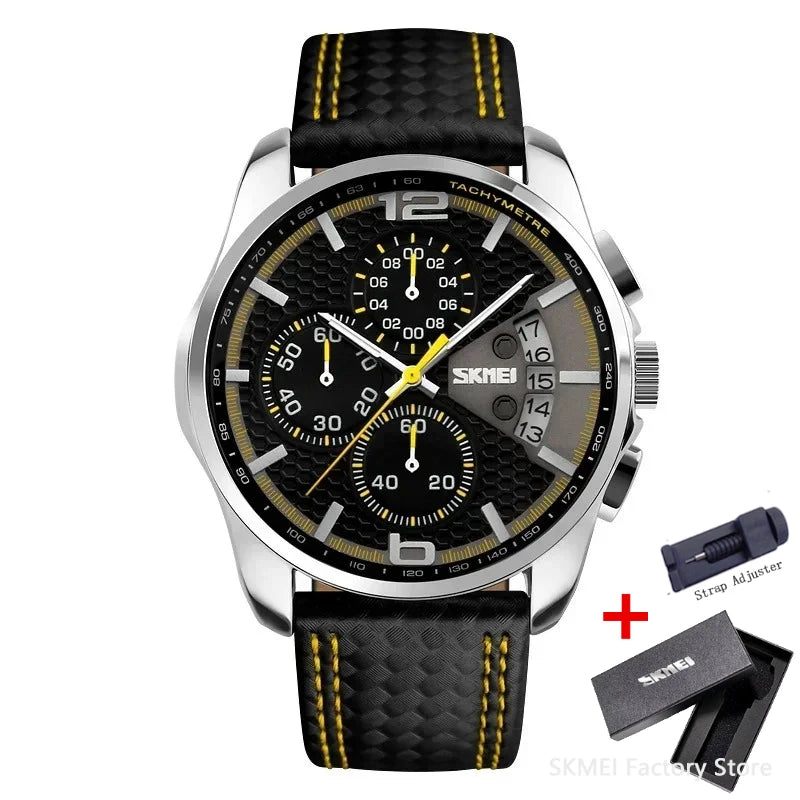 SKMEI 9106 Waterproof Quartz Sport Watch for Men Luxury Leather Date Calendar Stopwatch Wristwatches Mens Shockproof Clock