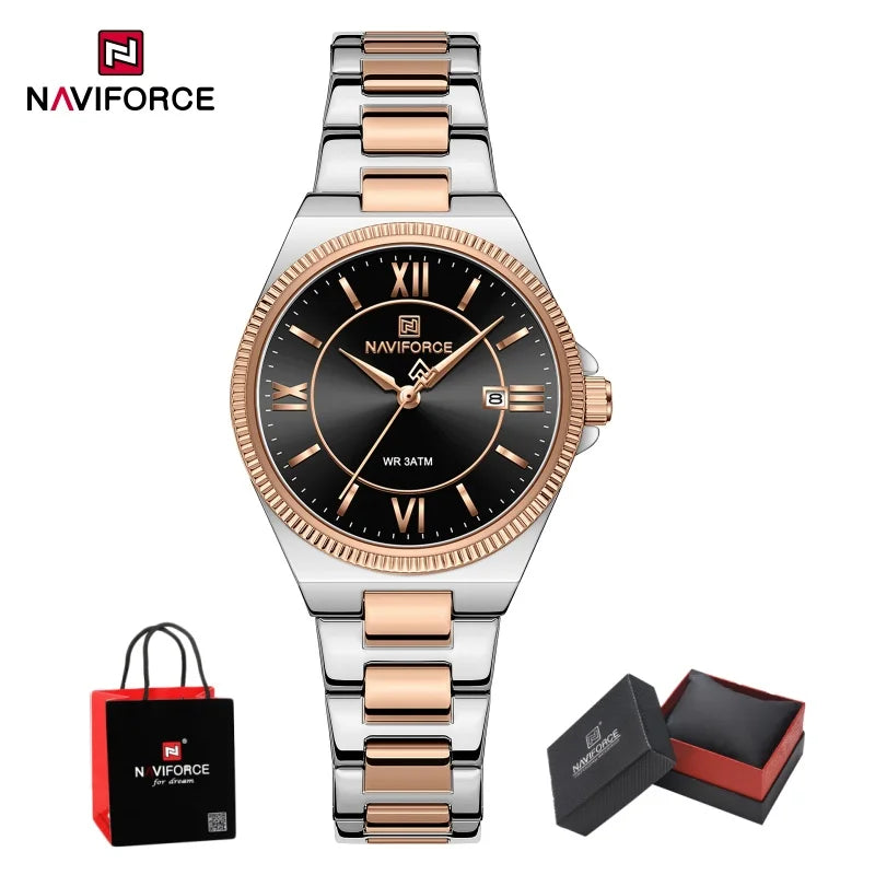 Reloj NAVIFORCE casual para mujer de acero inoxidable, resistente al agua 3ATM, con indicador de fecha, reloj de pulsera clásico para uso diario, caja de regalo incluida