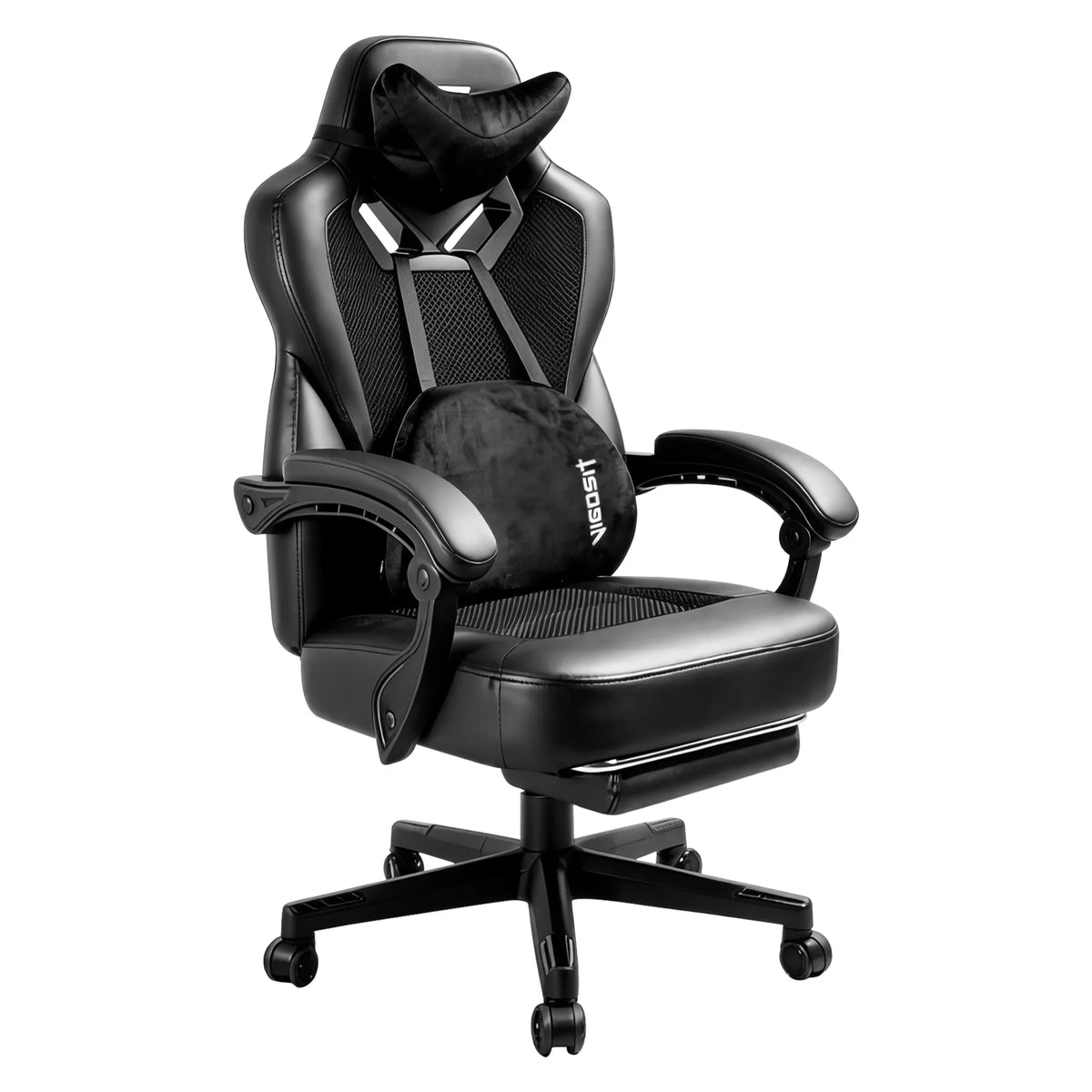 Silla de gaming ergonómica negra con reposacabezas ajustable y soporte lumbar acolchado