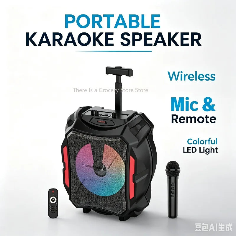 Altavoz karaoke portátil Bluetooth, sonido estéreo TWS, luz LED, micrófono inalámbrico + control remoto, audio para fiestas al aire libre