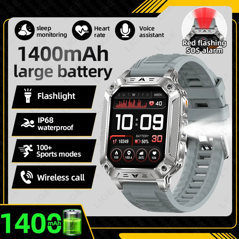 LIGE Built-in 1400mAh Super Large Battery Men Smart Watch Outdoor Flashlight IP68 Waterproof BT Call 2.01" New Smartwatch 2026