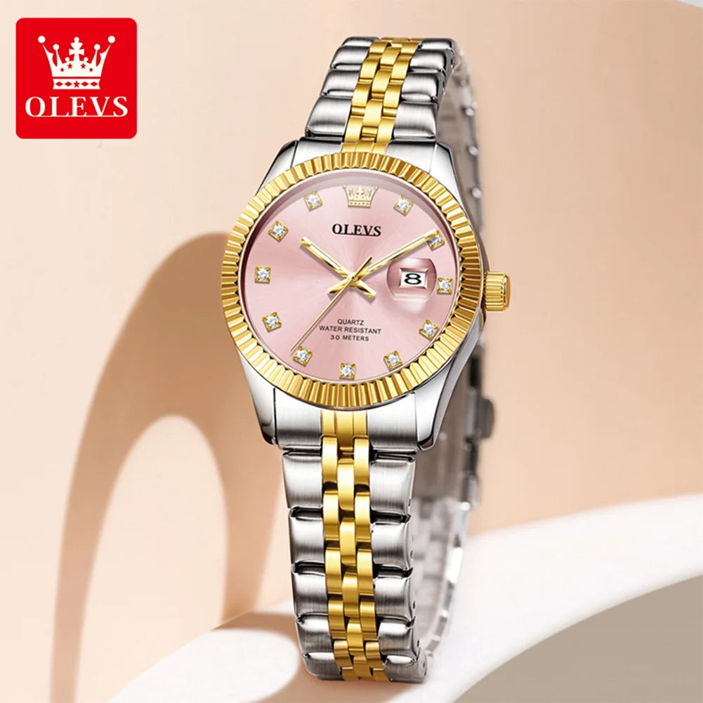 Reloj de mujer OLEVS 3705, resistente al agua 30M, reloj de cuarzo con fecha para mujer, espejo de alta dureza, escala de diamantes, reloj de lujo para dama