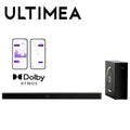 Barra de sonido negra con subwoofer con cable, diseño compacto, altavoces circulares