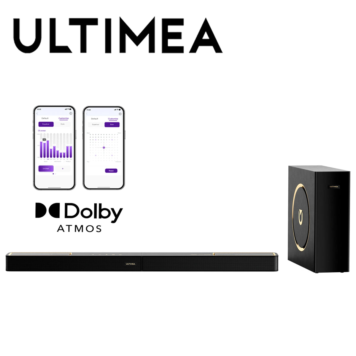 Barra de sonido negra con subwoofer con cable, diseño compacto, altavoces circulares