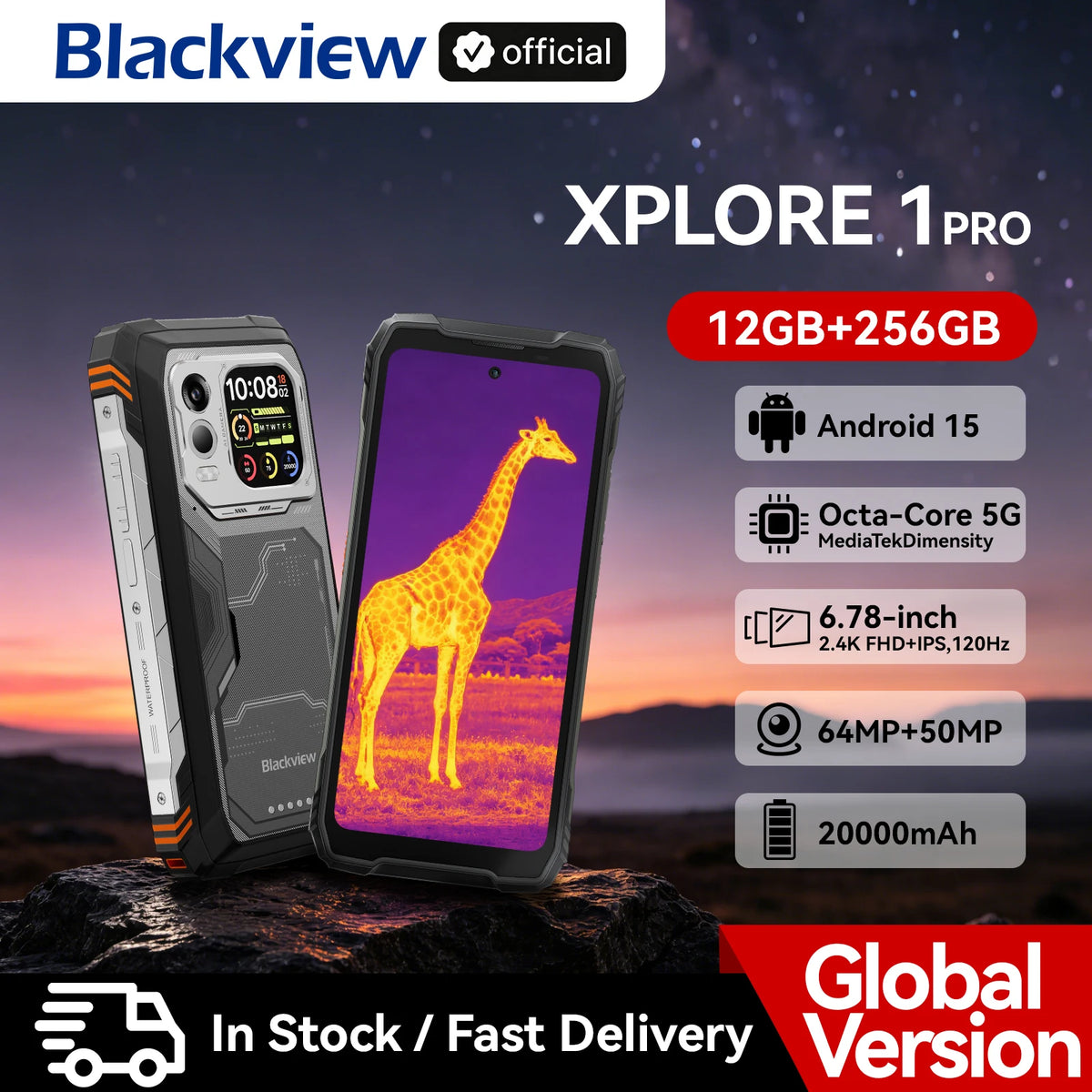 Smartphone ultra resistente Blackview XPLORE 1 Pro 5G, batería de 20000mAh, Dimensity 7050 6nm, 16GB RAM, 512GB ROM, Android 15, teléfono con NFC, 6.78"