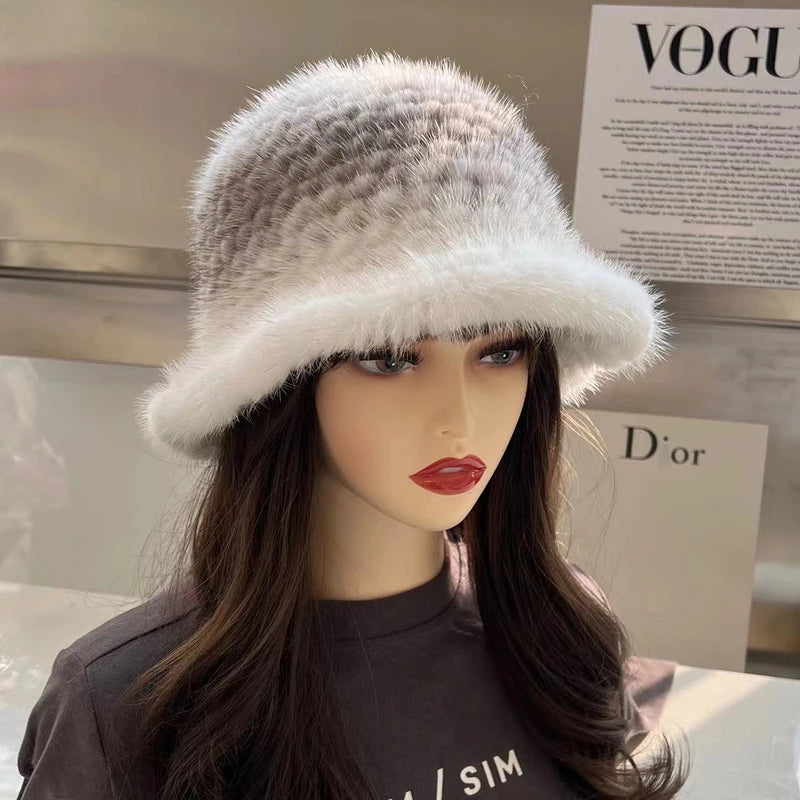 Sombrero de pescador de piel de visón Real para mujer, sombrero de bombardero de piel de visón Natural, sombrero de punto ajustable de lujo, Invierno