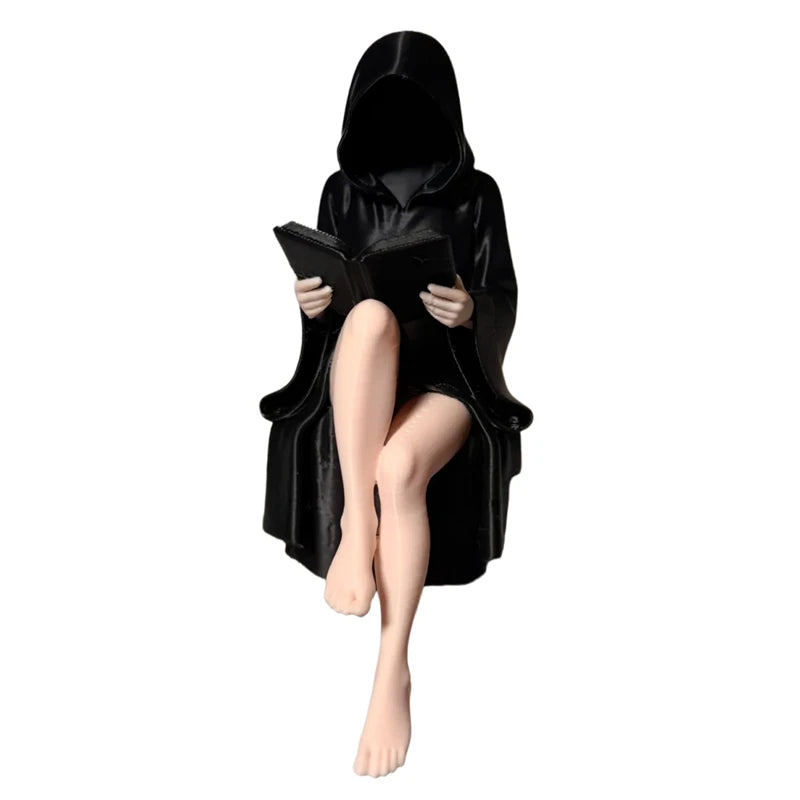 Estatua de Halloween misteriosa en 3D, figura de reina con túnica negra gótica, escultura para estantería, estatuas sentadas espeluznantes, adornos de escritorio